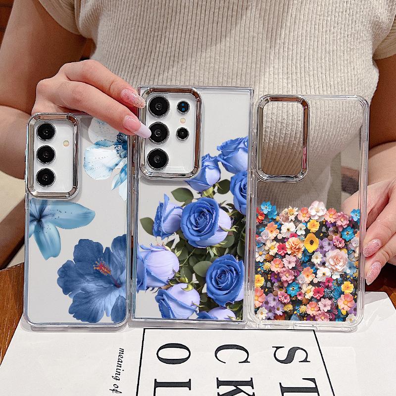 Colorful Flowers Print Case For Samsung S26 S25 Ultra S24 FE S23 Plus S22 S21 A15 A16 A17 A35 A36 A37 A54 A55 A56 A57 5G Plating Lens Soft Cover