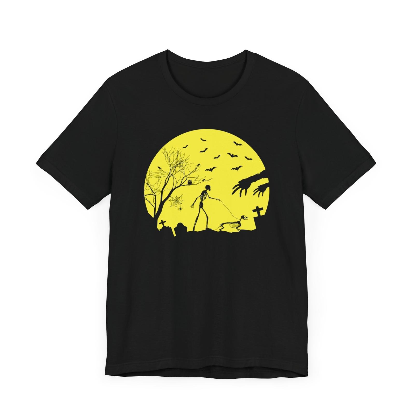 Undead Skeleton Walking Dog w/ Bats & Moon Funny Horror Halloween Unisex T-Shirt S