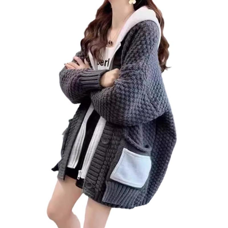 Sweater Jacket Women's Autumn New Loose Fake Two Lazy Wind Hooded Thickened Knitted Cardigan Top
