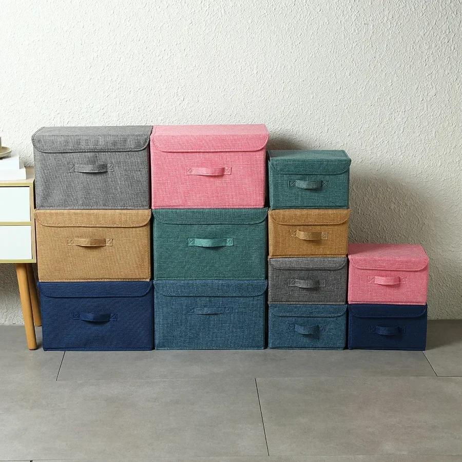 Linen Fabric Storage Basket with Lids Collapsible Sundries Storage Box Toys Books Organizer for Living Room Bedroom Dormitory