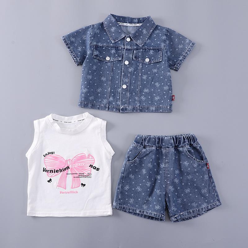 Girls Summer Denim 3 Piece Set Short Sleeve Bow Tie Casual Outfit