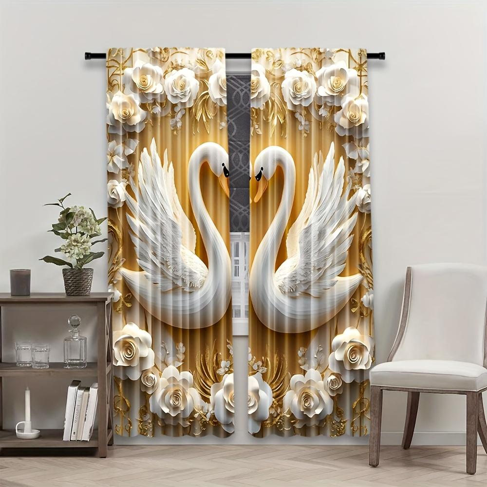 2pcs Elegant White Floral & Swan Curtains with Gold Accents – Rod Pocket Sheer for Living Room  Bedroom & Study   All-Season Decor