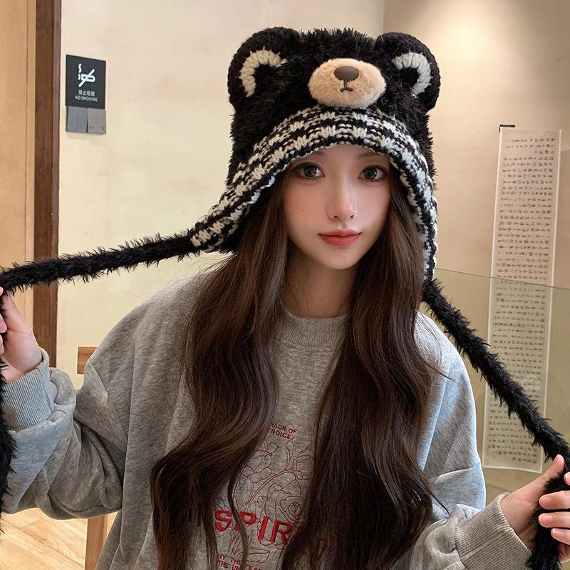 Cartoon Cute Bear Knitted Woolen Hat Thickened and Warm for Autumn and Winter  Lei Feng Hat Japanese Style Plush Pullover Cold Hat