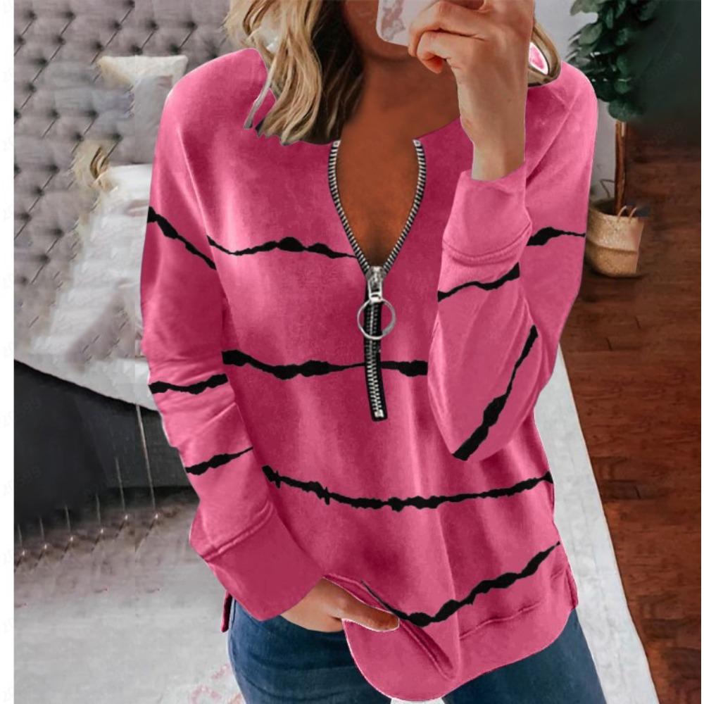 Women's Casual Long Sleeve Top with Colorblock Stripe Print And Zip Front, Perfect for Spring And Fall