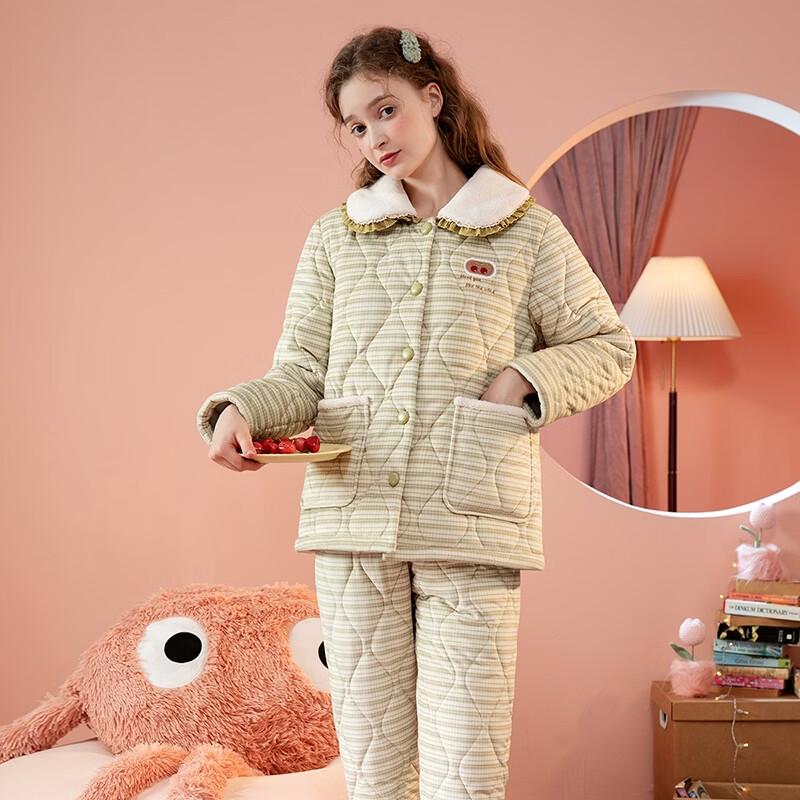 Fenteng Damen Verdicktes Dreilagiges Gestepptes Pyjama-Set