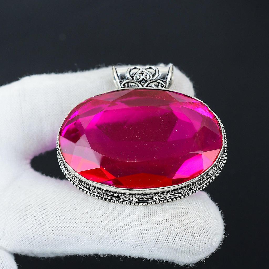 Großer rosafarbener mystischer Topas Edelstein Silberanhänger in 925 Sterlingsilber - Handgefertigtes Design, Alltagsschmuck, Einzigartiger Anhänger Vatertagsgeschenk