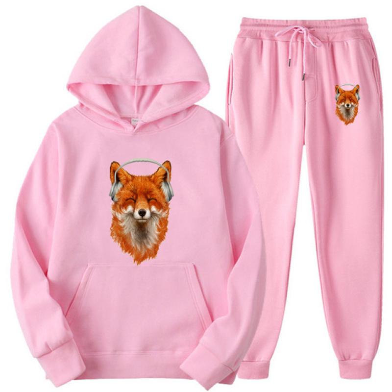 Cute Smiling Musical Fox Print Men Women Tracksuit Sets Casual Hoodie+Pants 2pcs Sets Oversized Pullover Fashion Unisex Clothing
