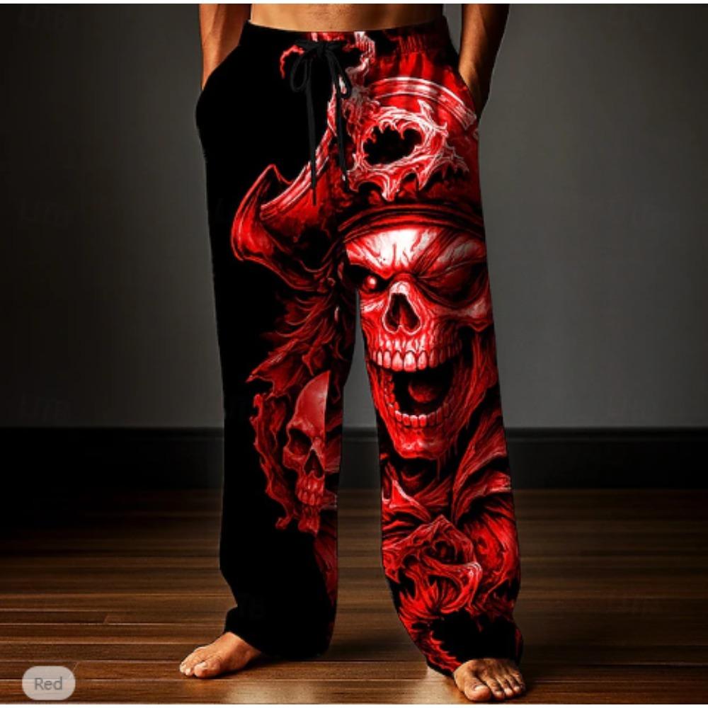 Men's 3D Skull Head Printed Baggy Casual Trousers, Elastic Drawstring Waist with Pockets, for Spring Summer Home Outdoor Vacation