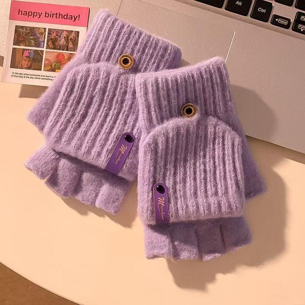 Winter Thick Half Finger Flip Gloves for Cute Women, Warm Cycling in Winter, Knitted for Students To Write and Type On