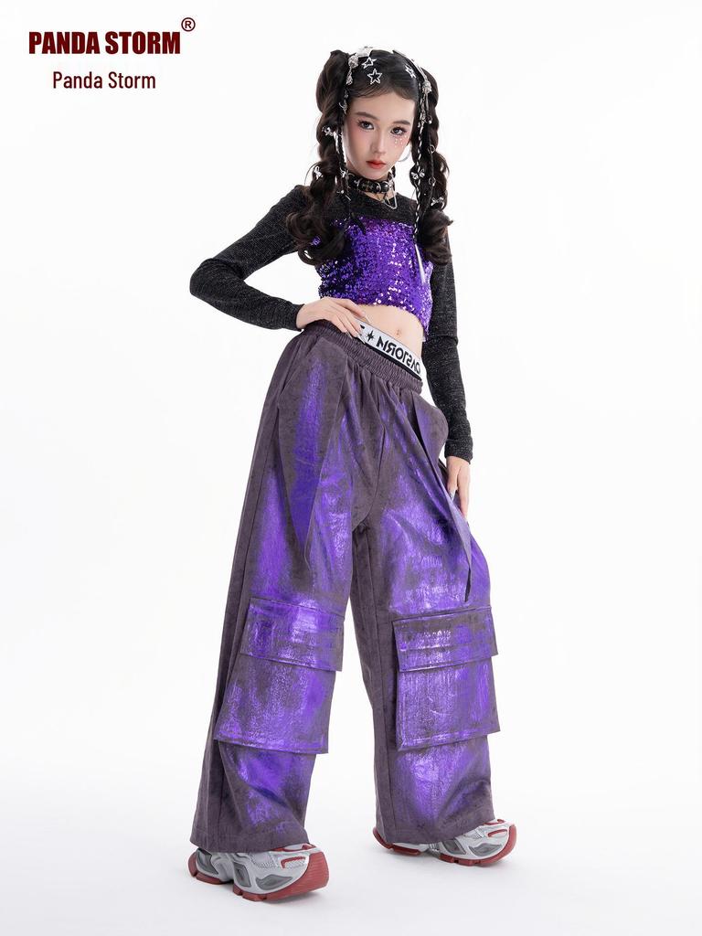 Conjunto Trendy de Bandeau e Calças Compridas de Dança Jazz com Lantejoulas para Meninas - Fantasia para Apresentação de Street Dance