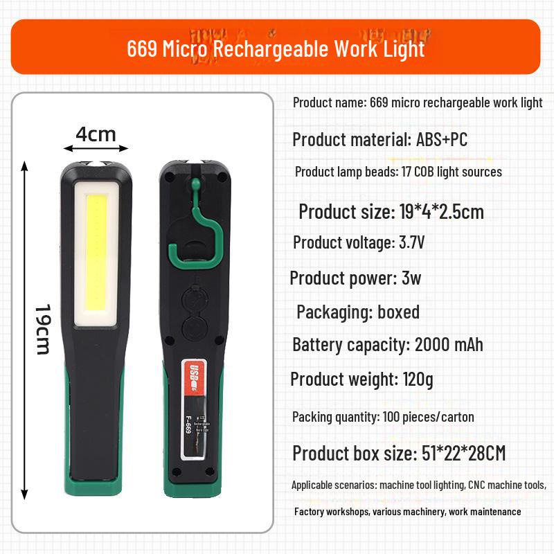Fuliyang COB Rechargeable Handheld Work Light with Hook and Lithium Battery