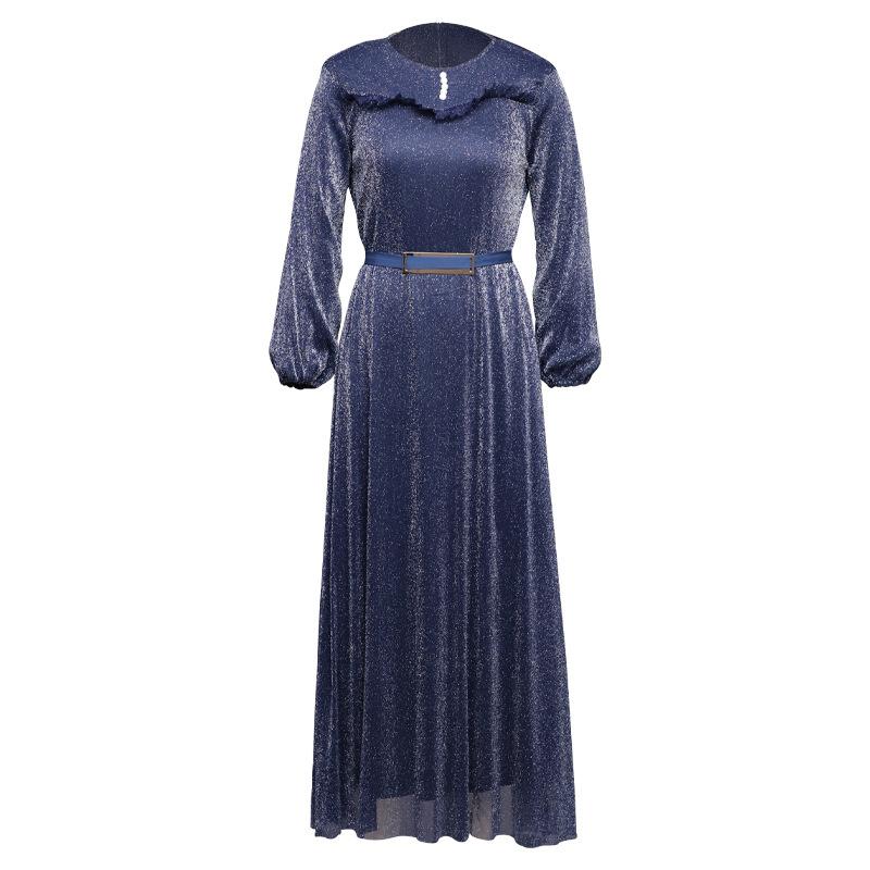Amazon cross-border new women s clothing fashion long-sleeved bronzing dress dress big swing skirt with belt long skirt S синий