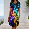 Women Plus Size Round Neck Short Sleeve Rainbow Printed A Line Dress