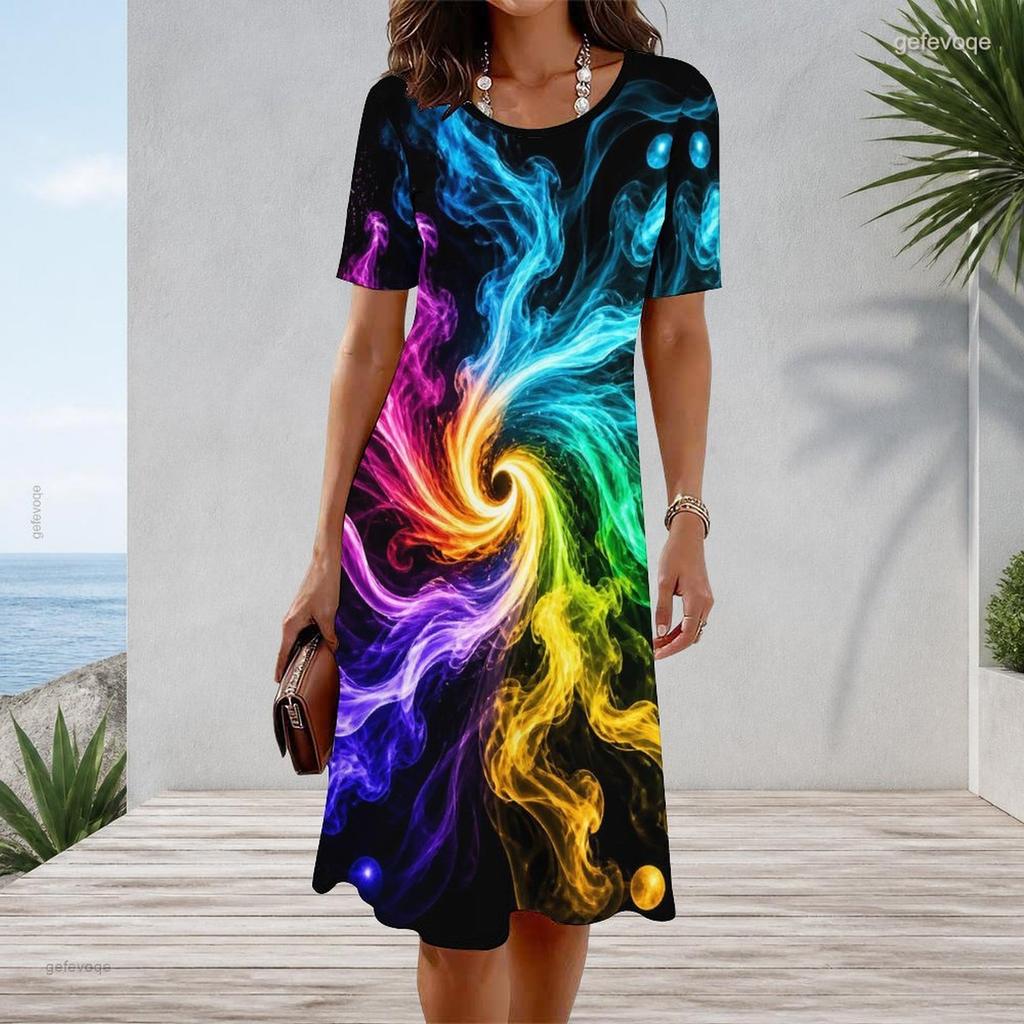 Women Plus Size Round Neck Short Sleeve Rainbow Printed A Line Dress