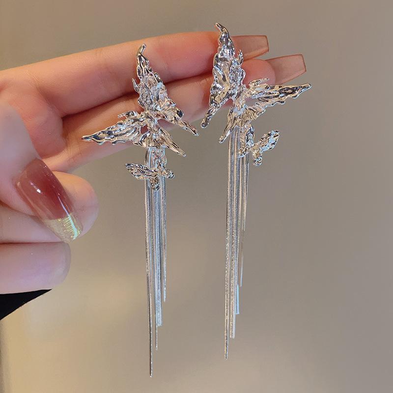 New Metal Tassel Drop Earrings for Women Double Butterfly Long Dangle Earrings Fashion Temperament Party Birthday Jewelry Gifts