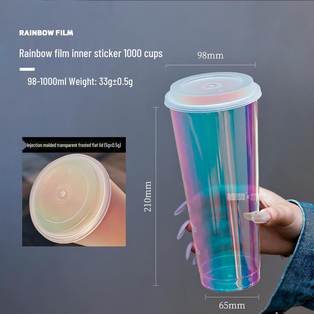 1L Disposable Rainbow Milk Tea Cup with Lid, 98mm Caliber, Colorful Laser Film Inner