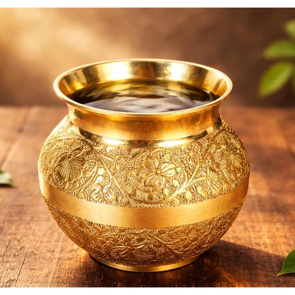 Rise Pure Brass Lota for Puja, Kalash for Pooja (400 ml, 1 Piece) Handcrafted Floral Design Brass Vessel