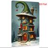 Metal Tin Sign  Festive Christmas Cottage with Green Pointed Roof Durable Iron Wall Art for Home Living Room