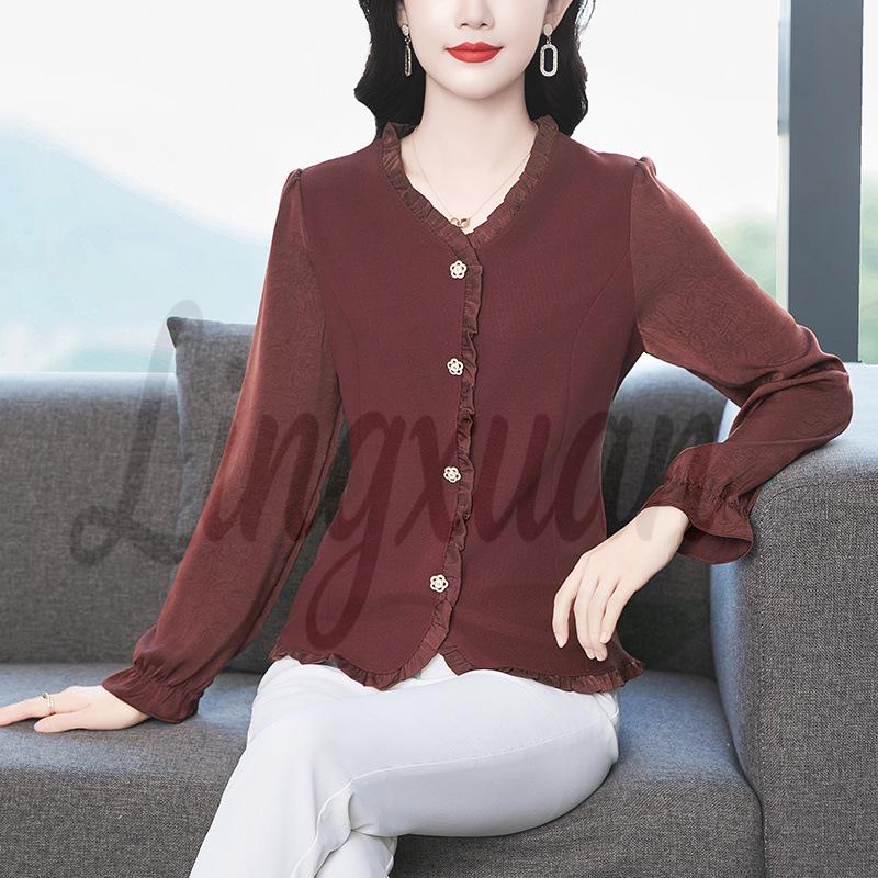 

Autumn 2026 Elegant Patchwork Long Sleeve Slim Fit T-shirt for Mom XL червоний