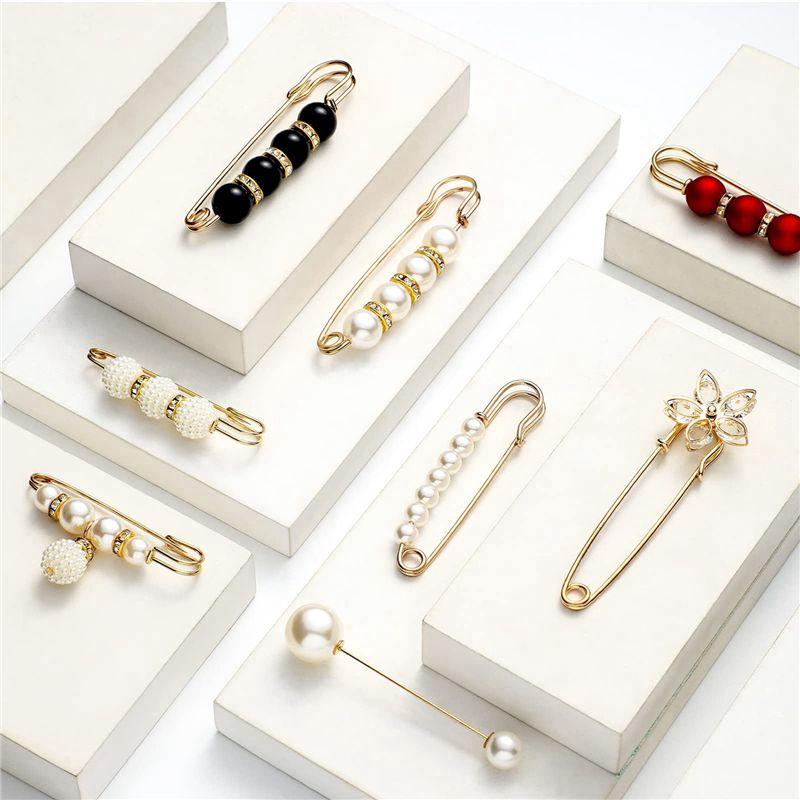 A74E-60Pcs Sweater Clips Heavy Duty Safety Pins Faux White Pearl Brooch Pin Dress Clip Hat Shawl Pin Rhinestone Enamel Pins