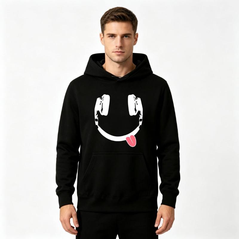 Men's Adult Funny Headphones Smiley Tongue Print Hoodie Casual Long Sleeve Loose Pullover Sweatshirt Streetwear Hooded Top For Daily Outdoor Wear
