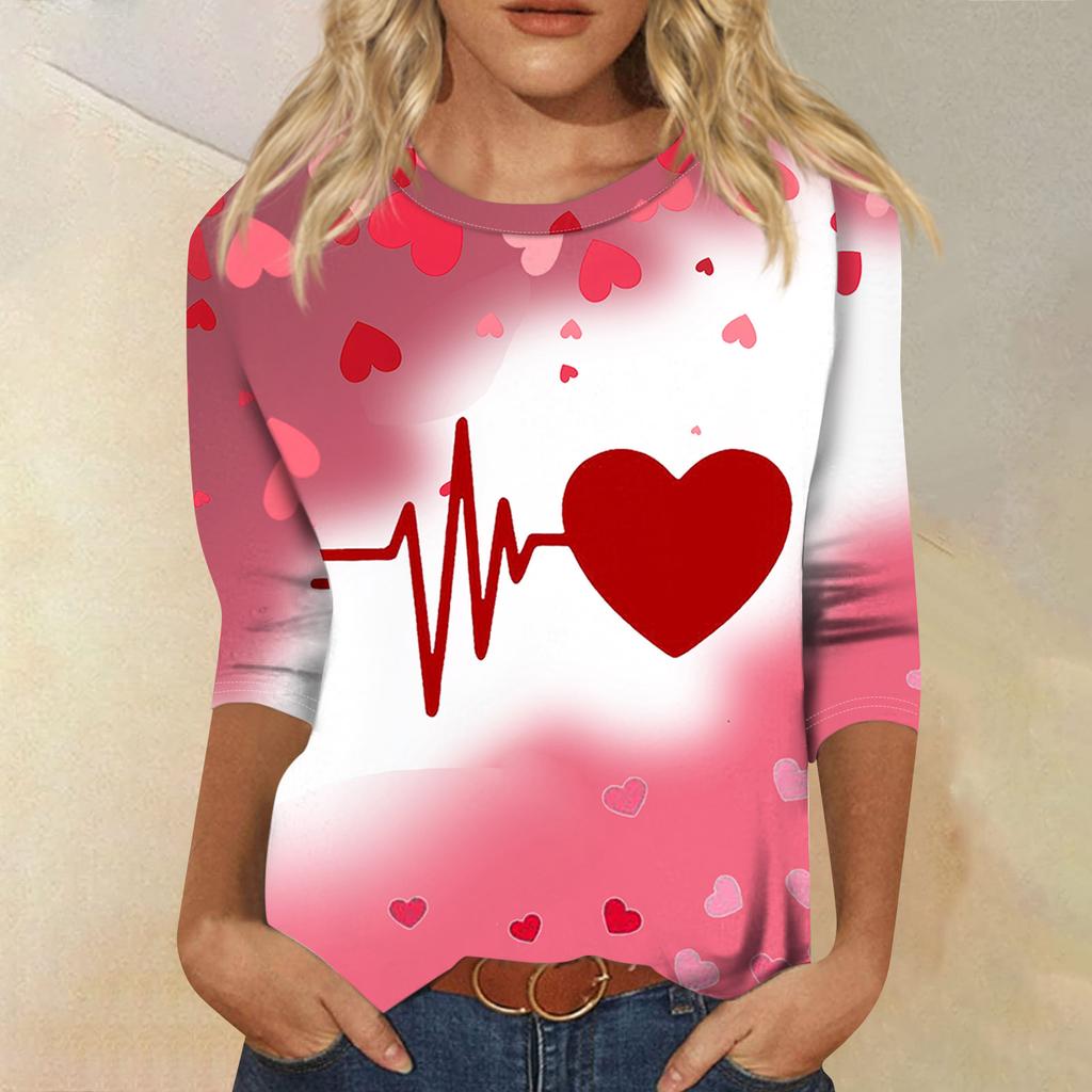 Women's Fashion Casual Round Neck 3/4 Sleeve Loose  Printed T-Shirt Ladies Top