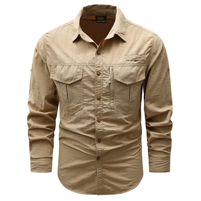 Mens Lightweight Quick-Dry Work Shirt With Multiple Pockets Loose Fit Cotton Long Sleeve Outdoor Casual