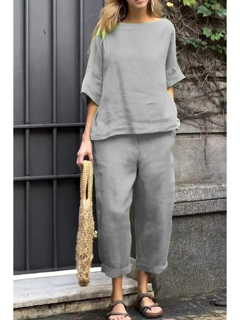 2025 Summer Women's Plus Size Cotton Linen 2-Piece Shirt & High Waist Loose Long Pants Set