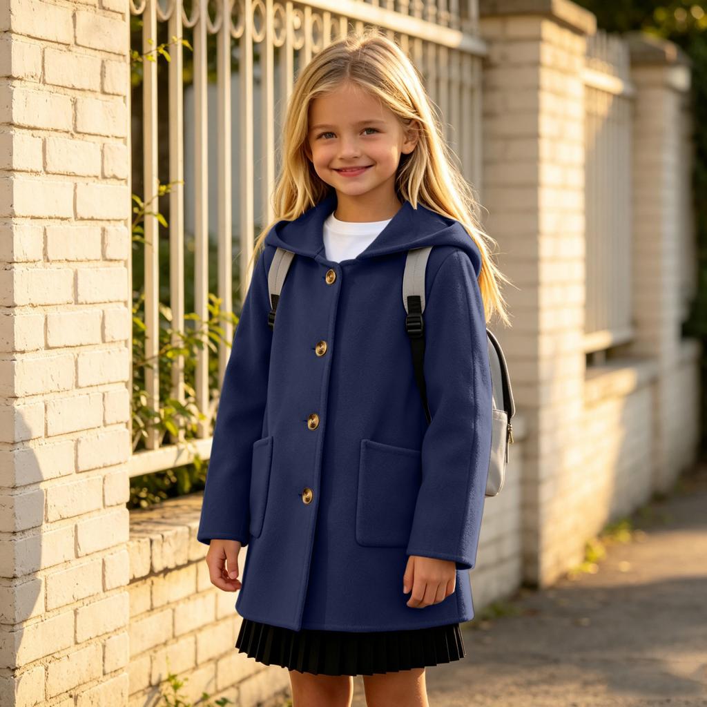 Girls Casual Mid-Length Wool Coat with Lapel and Button Front