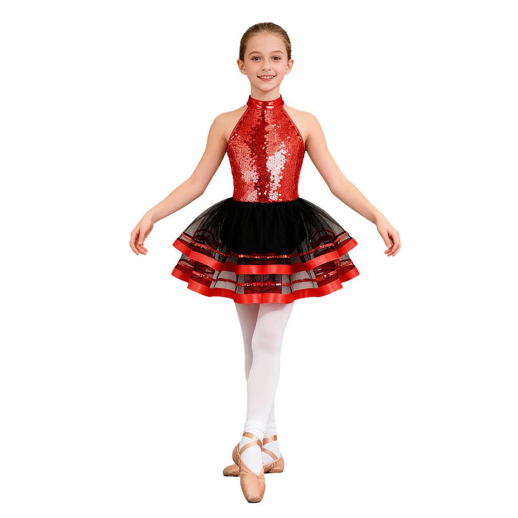 Girls Kids Sparkling Sequins Ballet Tutu Dress Modern Jazz Dance Outfit Stage Performance Costume Dancewear