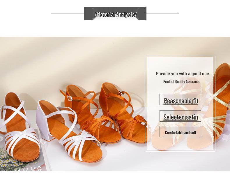 Children's Latin Dance Shoes: Women's Soft Sole, Mid-Heel for Professional Practice, Summer White Competition Grading.
