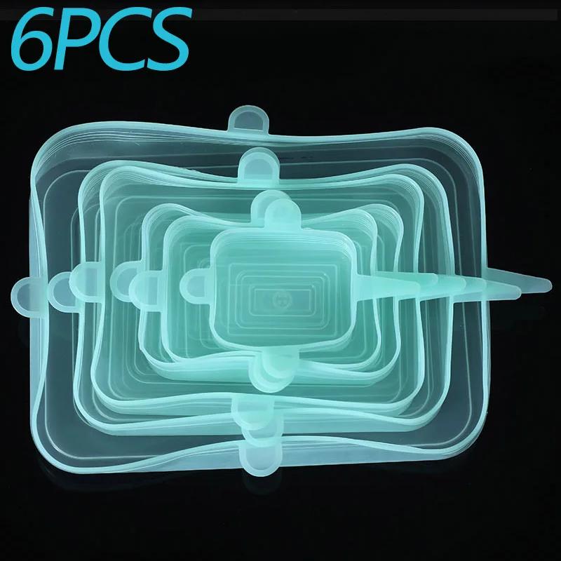 6PCS Food Cover Adjustable Elastic Silicone Cap Reusable Kitchen Utensil Storage Airtight Food Packaging Lids Accessories