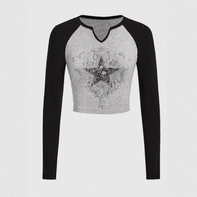 2026 Retro Skull Print Striped Long Sleeve Y2K Fashion Top for Women