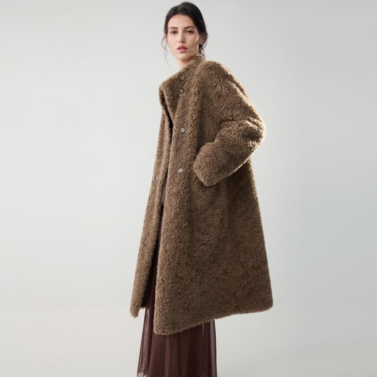 ELLE French Style Vintage Fashion Design Double Breasted Long Casual Loose Versatile Stand Collar Lamb Wool Plush Long Sleeve Coat Women coats EF52677
