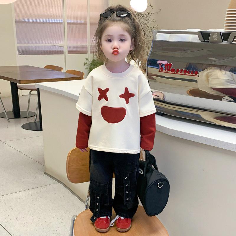 2025 New Girls' Stylish Fake Two-Piece Sweatshirt for Spring and Autumn