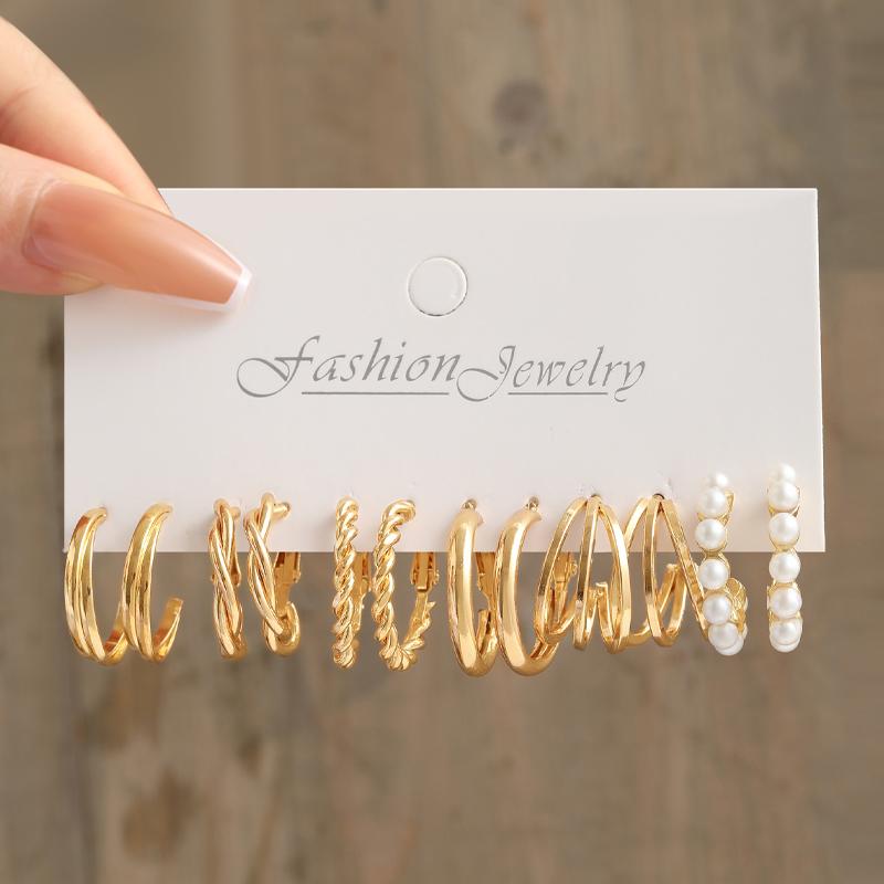 New Gold Color Big Circle Hoop Earring Set for Women Fashion Bohemia Vintage Pearl Earring Heart Zircon Ear Studs Jewelry Gifts