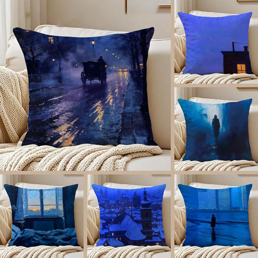 BBlues Hour Art Cushion Cover Pillowcase Antidustmite Invisible Zipper Short Plush Sofa Cushion