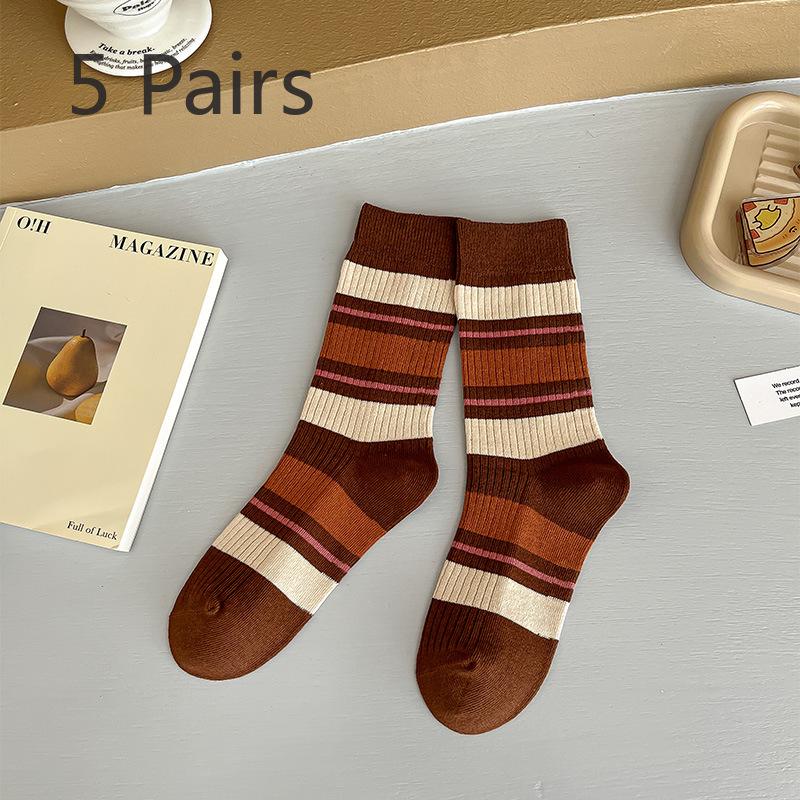 

5 пар женских осенних носков из чистого хлопка в стиле ретро-коллажа с ворсом в стиле колледжа 5 Pairs