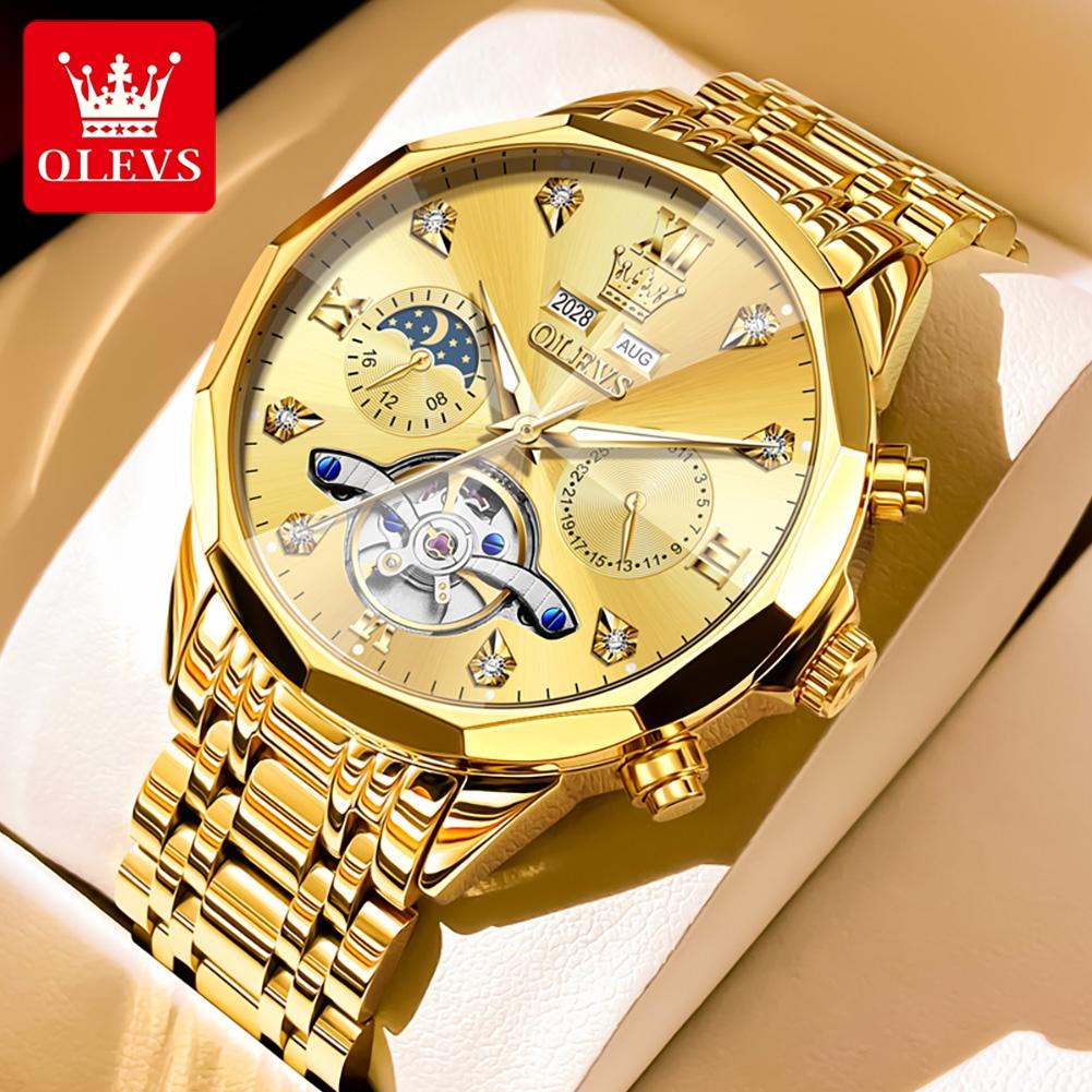 OLEVS 6621 Mens Skeletonized Flywheel Wristwatch Dual Calendar Moon Phase Waterproof Automatic Mechanical Luxury Watch Man