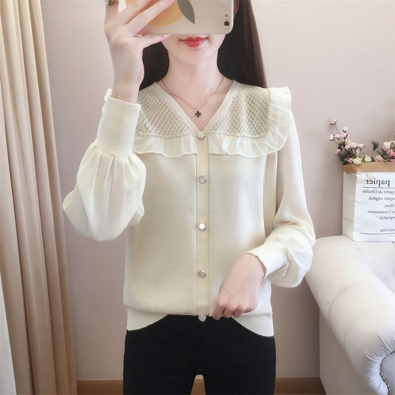 

Ruffled Chiffon Top for Women s Outer Wear Long-sleeved New Spring and Autumn Ice Silk Sweater Thin Bottoming Shirt 3XL абрикосовий