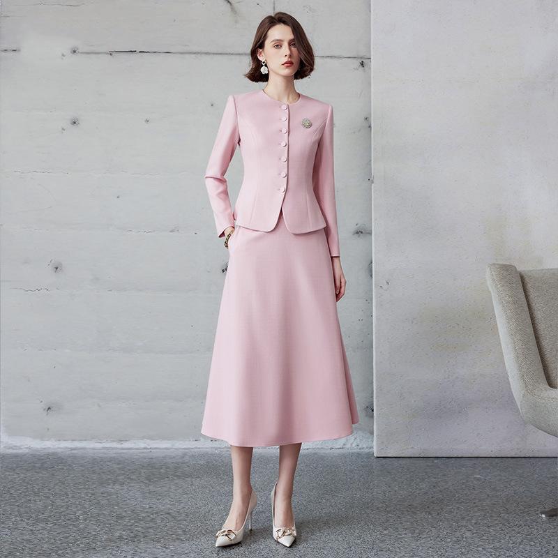 

Женский осенне-зимний розовый костюм в китайском стиле с юбкой-зонтиком - Элегантная профессиональная и формальная одежда XL