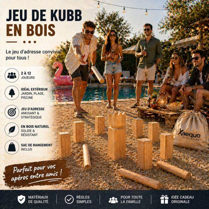 Kubb Game - FERRY JOUETS - 21 Pieces - Natural Wood - Storage Net - 2-12 Players
