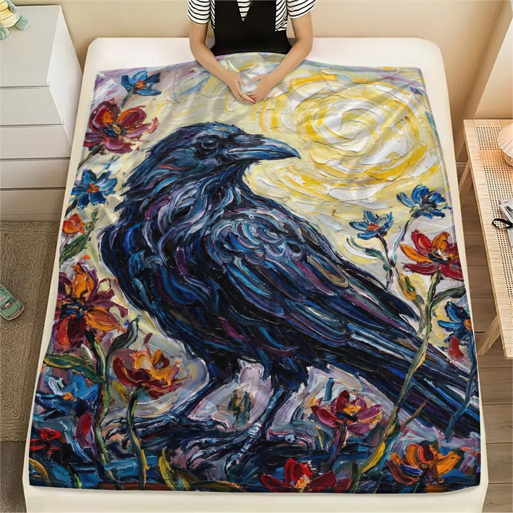 Crow Decoration Print Flannel Blanket, High quality Comfortable for All Seasons, Home Decor, Warmth and Comfort, Perfect for Christmas Gifts55