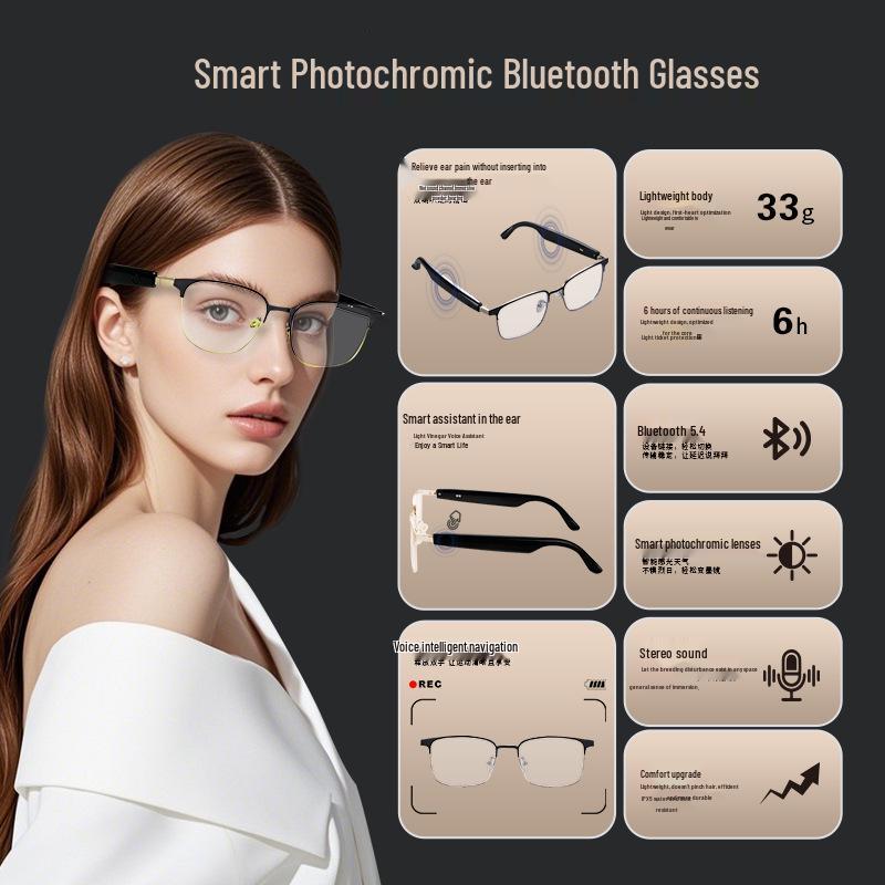 AI Translation Smart Bluetooth Glasses - GS06 Metal Frame with Magnetic Charging, Photochromic Lenses & Stereo Sound