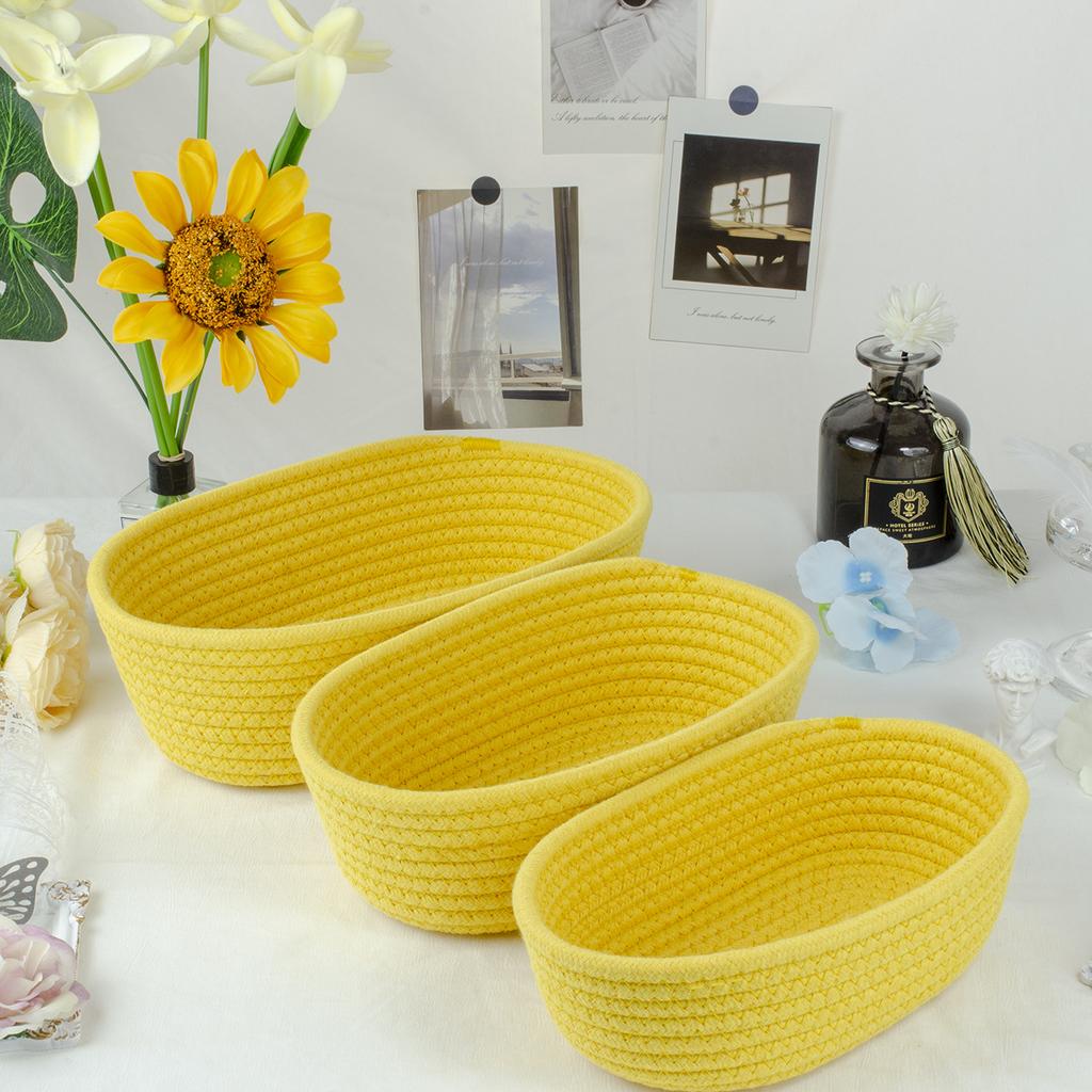 3pcs Cute Storage Baskets for Daily Items, Small Oragnizer Natural Cotton Rope Woven Baskets Bin Tiny Oval Storage Easter Basket