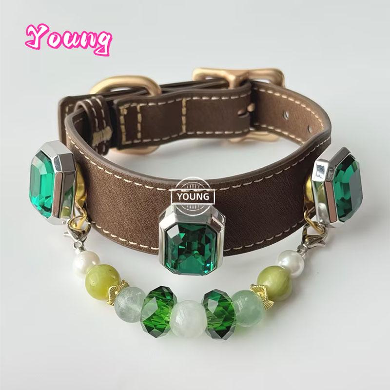 Leather Dog Collar with Detachable Natural Gemstone Charm – Green Fluorite Xiu Jade & Pearl Beaded Pet Necklace Padded Collar