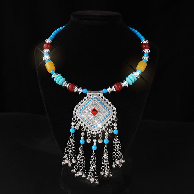 Retro Yunnan Ethnic Style Collar Women's Handmade Imitation Miao Silver Beaded Exaggerated Necklace Set Chain Stall Necklace