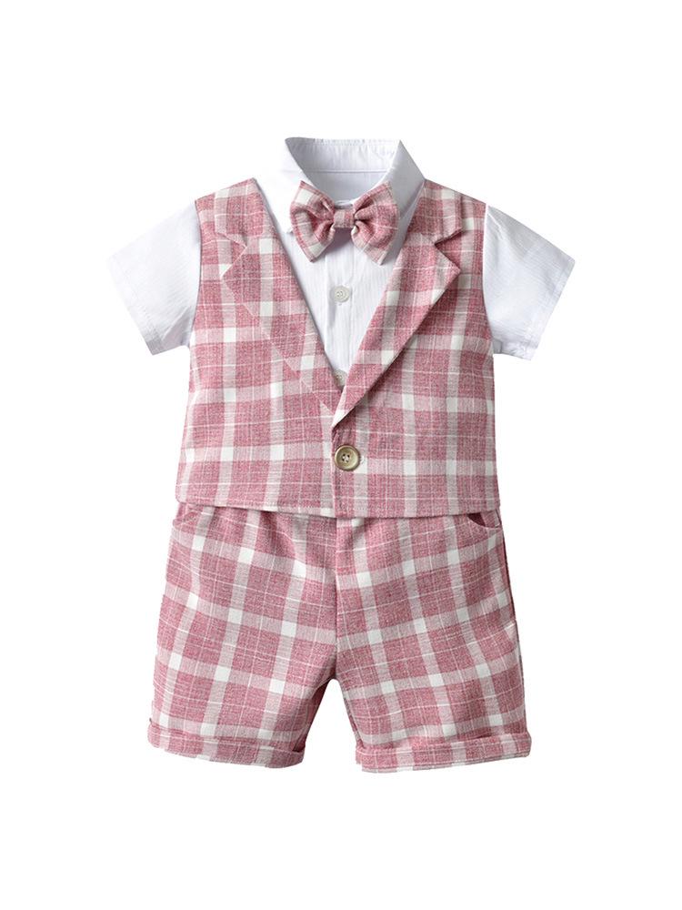 Boys' British Style Plaid Gentleman Two-Piece Short Sleeve Set