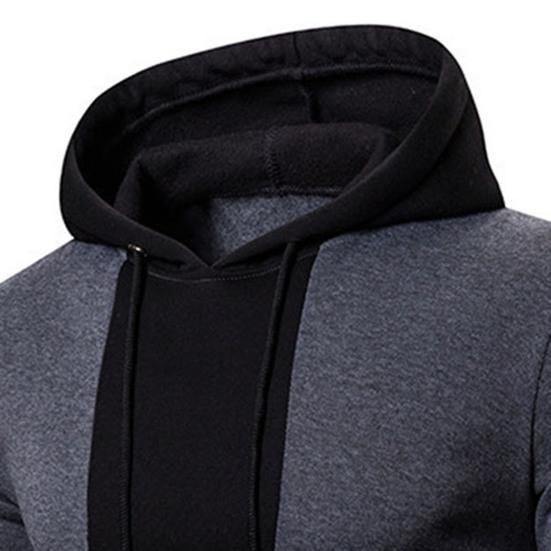 Men Fall Winter Hoodie Colorblock Drawstring Long Sleeves Big Pocket Hooded Retro Thin Loose Daily Wear Casual Sport Top