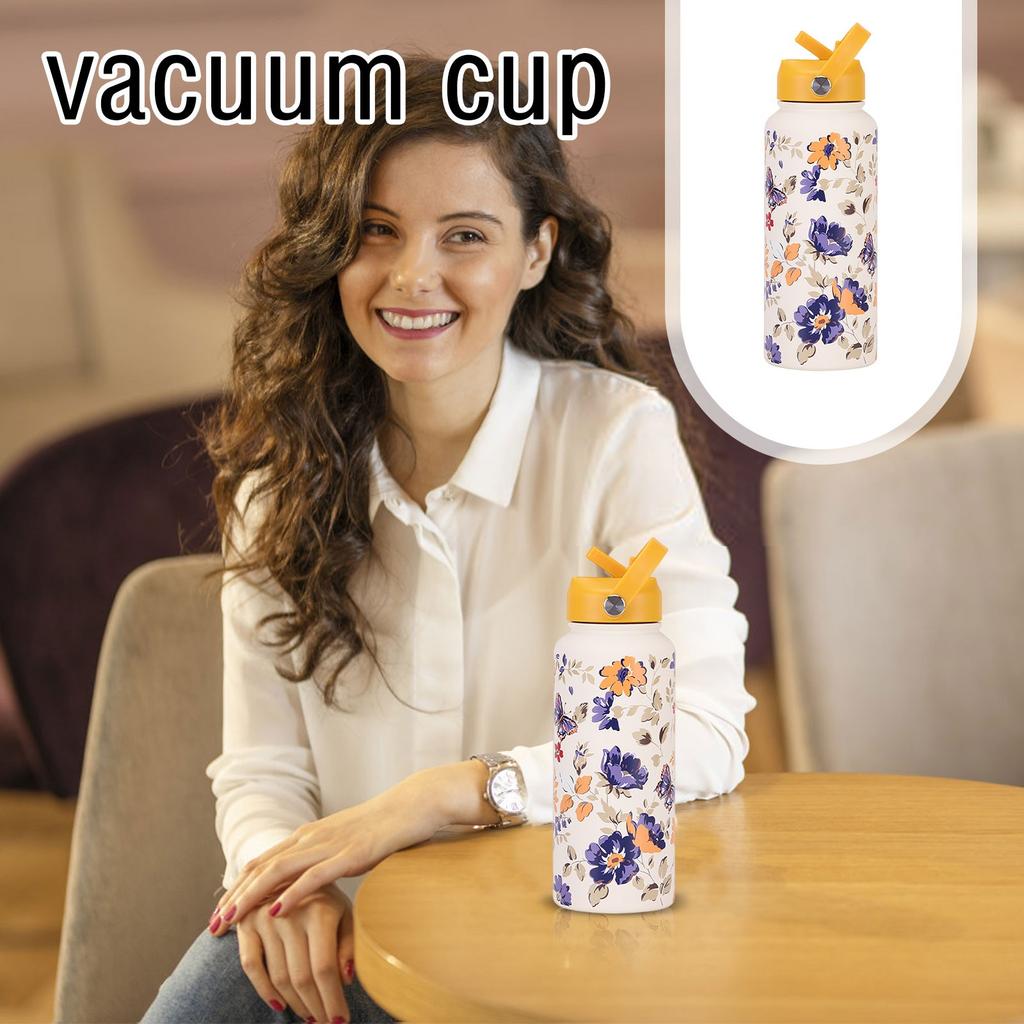 Sports Kettle Stainless Steel 1L Large Capacity Printed Large Mouth Insulated Cup Portable Handle Straw Water Cup